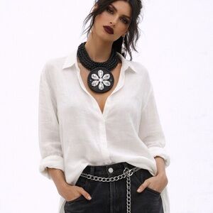 Black Statement Chain Necklace w/ Rhinestone Floral Pendant – Handmade Boho NWT